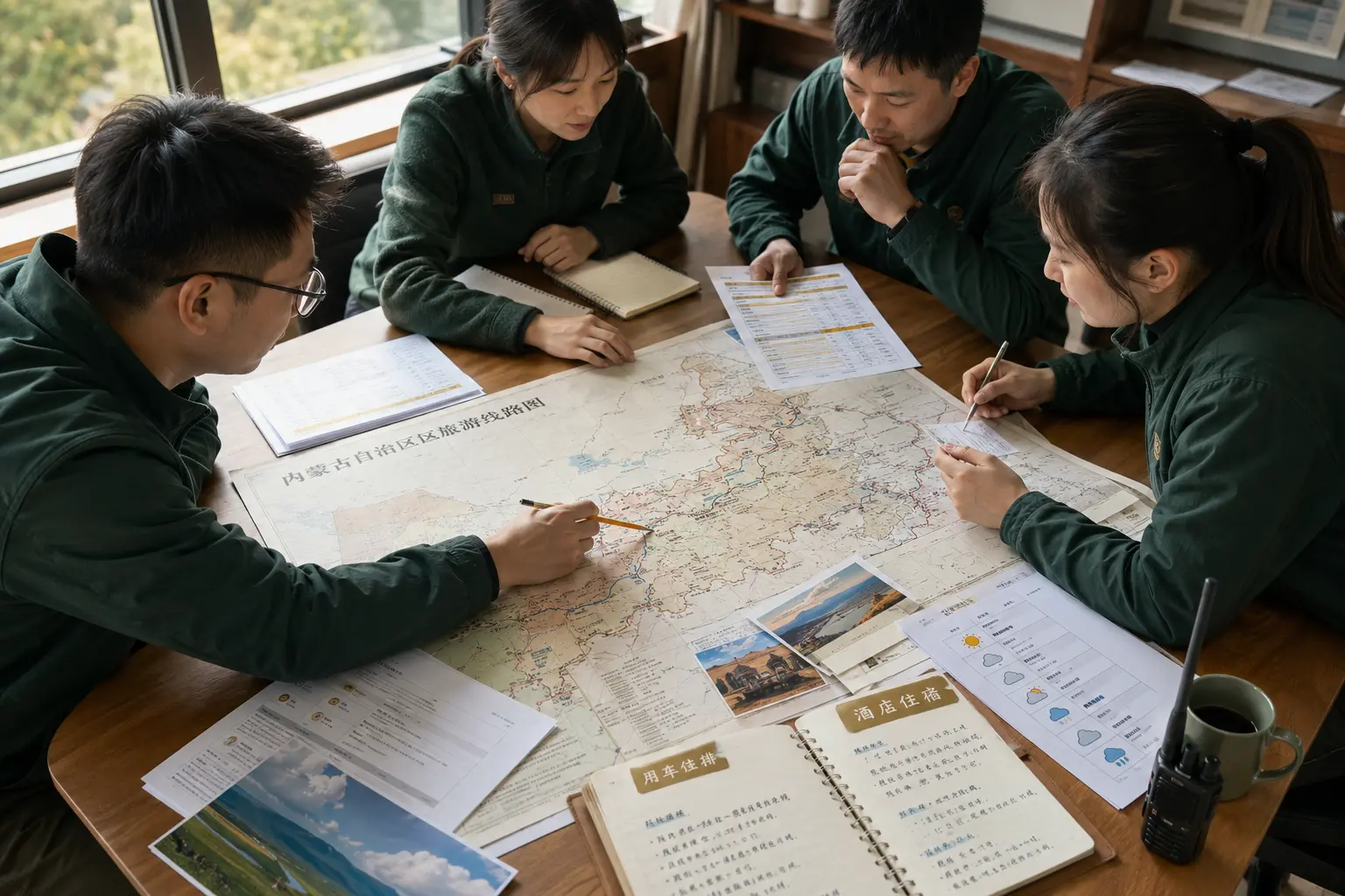 北境原野团队查看地图并讨论内蒙古旅行线路